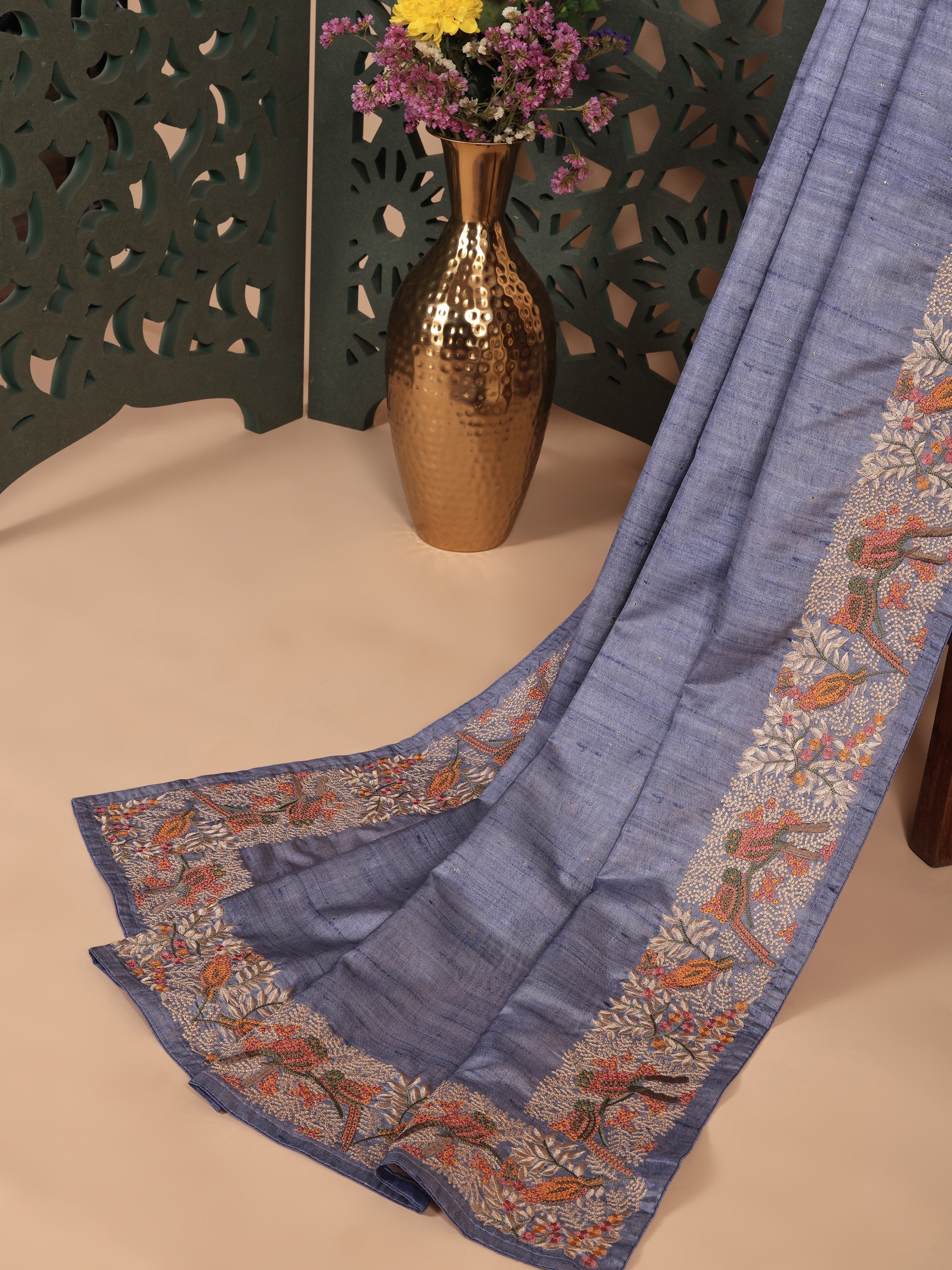 Pakhi Embroidered Tussar Saree