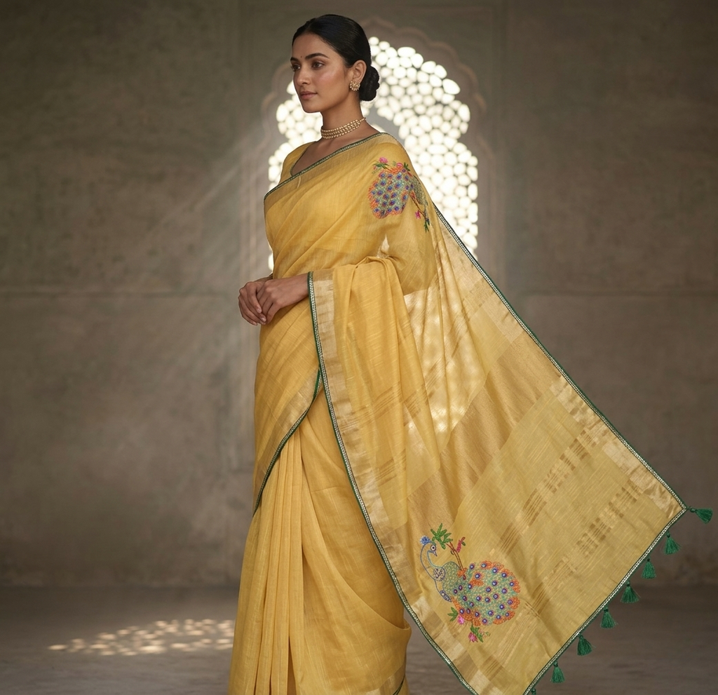 Mayura Embroidered Linen Saree